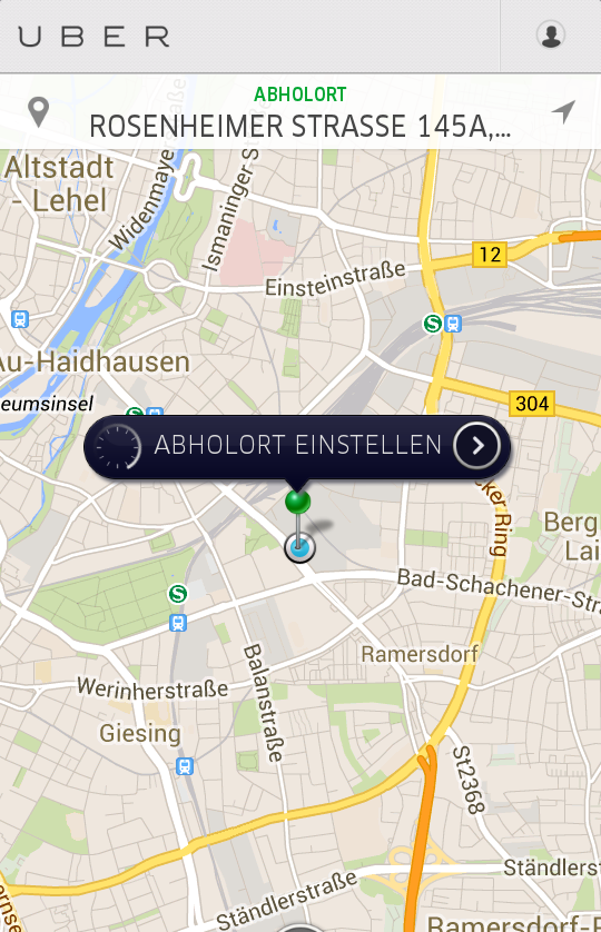 Screenshot aus der App uber mit einer Karte von München