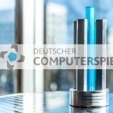 Die begehrte Trophäe vom Deutschen Computerspielpreis.